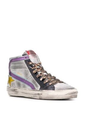 Limited Edition Golden Goose Silver High-Top Sneaker Purple Trim Gold Stars